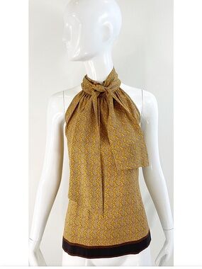 Michael Kors Mustard Yellow Patterned Halter Tie-Neck Blouse Size 4